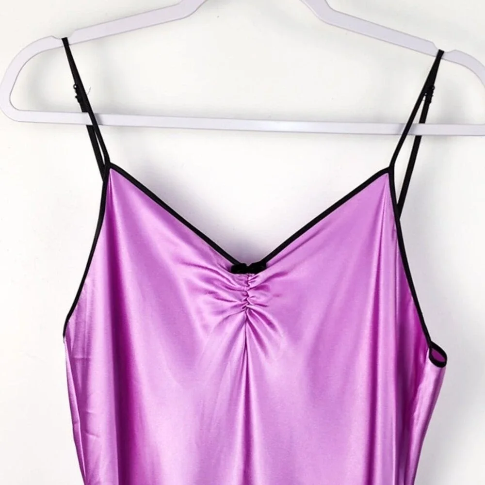 Betsey‎ Johnson Satin Slip Dress Purple Black Trim Chemise Nightgown Lingerie - Picture 3 of 7